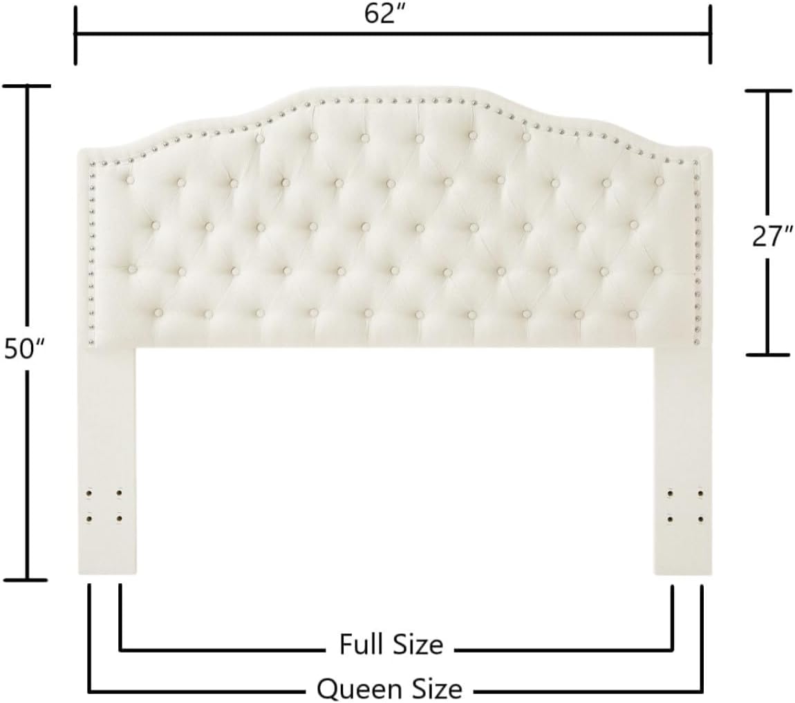 24KF Upholstered Button Tufted Queen Headboard with Nailhead Trim, Elegant Boucle Fabric Full headboard, 6031-Q-Boucle-Ivory
