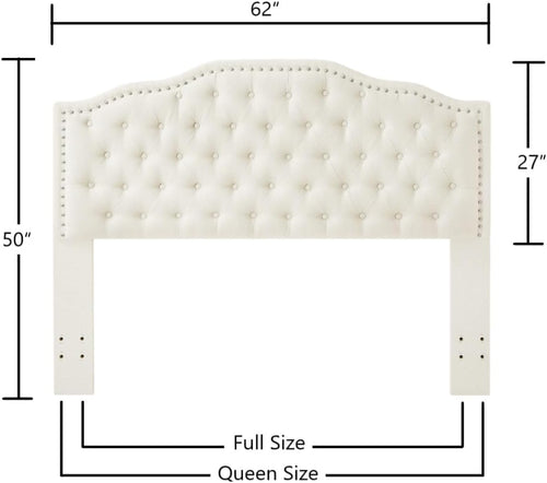 24KF Upholstered Button Tufted Queen Headboard with Nailhead Trim, Elegant Boucle Fabric Full headboard, 6031-Q-Boucle-Ivory
