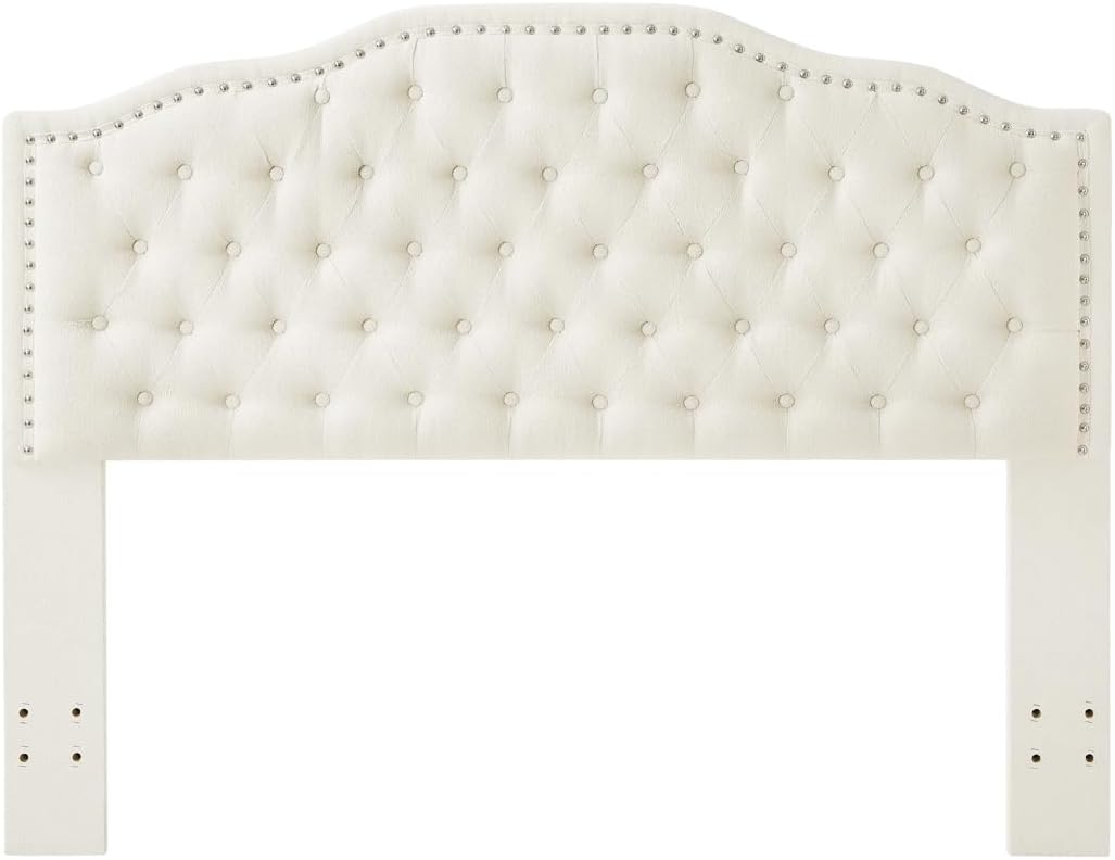 24KF Upholstered Button Tufted Queen Headboard with Nailhead Trim, Elegant Boucle Fabric Full headboard, 6031-Q-Boucle-Ivory