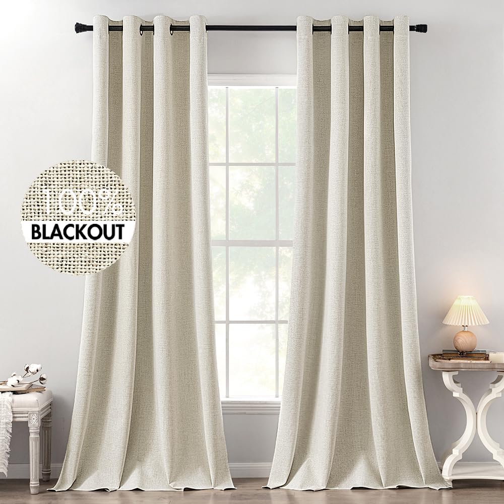 MIULEE 100% Blackout Linen Textured Curtains for Bedroom Solid Thermal Insulated Natural Beige Grommet Room Darkening Curtains & Drapes Luxury Decor for Living Room Nursery 52 x 96 Inch (2 Panels)