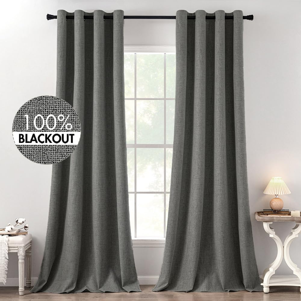 MIULEE Linen Texture Curtains for Bedroom Solid 100% Blackout Thermal Insulated Dusty Blue Curtains Grommet Room Darkening Drapes Luxury Decor for Living Room Nursery 52x84 Inch (2 Panels)