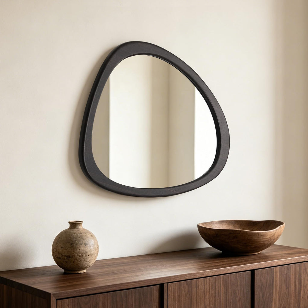 HOMECOOKIN 23.5" H x 19" W Asymmetrical Mirror, Irregular Wooden Wall Mirror for Bedroom, Living Room,Entryway– Mid-Century Modern Decorative Mirror, Solid Wood Frame, Pebble Shaped Design (Walnut)