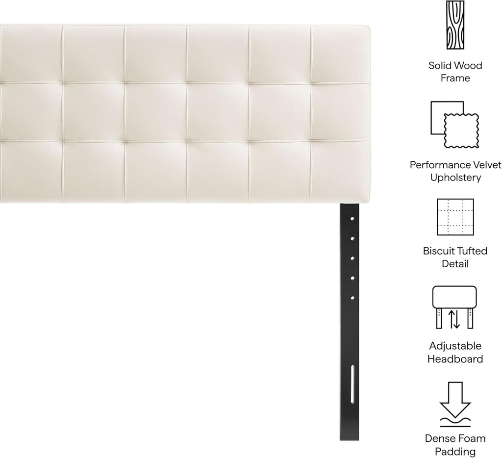 Modway Lily Performance Velvet Full Size Headboard with Biscuit Tufting in Alabaster - Stain-Resistant Upholstery with Padded Design and 5 Height-Adjustable Mounts