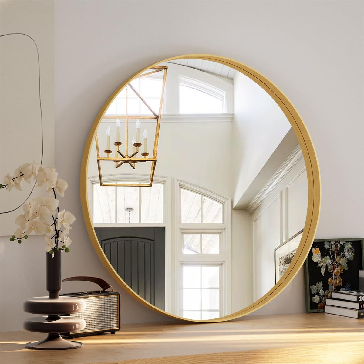 VooBang Bathroom Mirror 24x32 inch, Black Gorgeous Deep Frame Wall Mirror, Modern Round Corner Bathroom Vanity Mirror for Bedroom, Living Room, Hanging or Leaning Horizontal or Vertical, Black