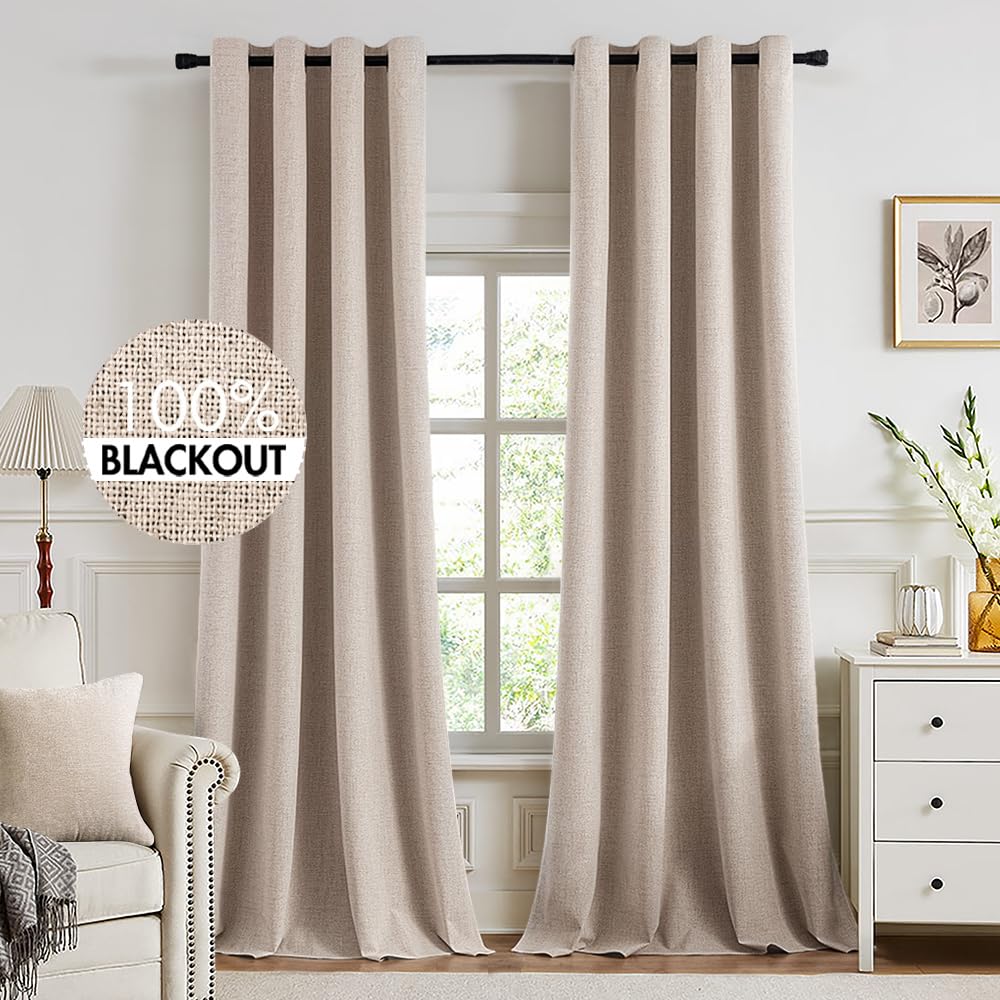 MIULEE Linen Texture Curtains for Bedroom Solid 100% Blackout Thermal Insulated Dusty Blue Curtains Grommet Room Darkening Drapes Luxury Decor for Living Room Nursery 52x84 Inch (2 Panels)