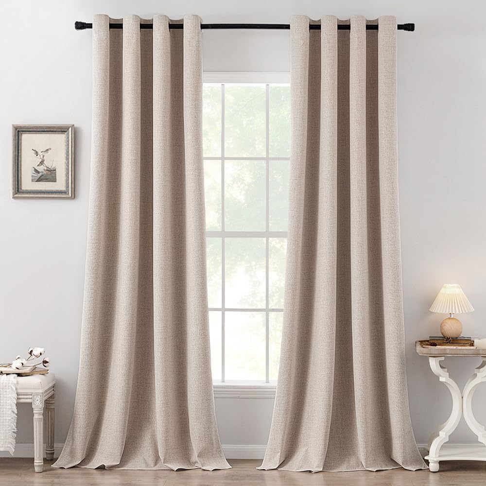 MIULEE Linen Texture Curtains for Bedroom Solid 100% Blackout Thermal Insulated Dusty Blue Curtains Grommet Room Darkening Drapes Luxury Decor for Living Room Nursery 52x84 Inch (2 Panels)