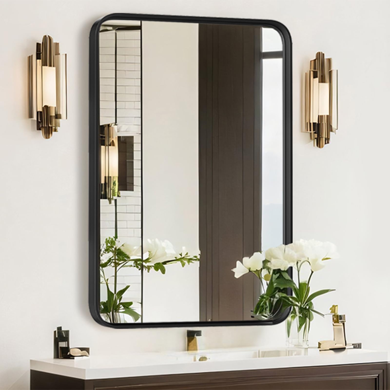 Bathroom Mirror for Wall, 24 Inch Round Mirror, Matte Black Metal Framed Circle Vanity Mirror for Bathroom Bedroom Living Room Entryway, Anti-Rust, Tempered Glass, Hanging or Leaning