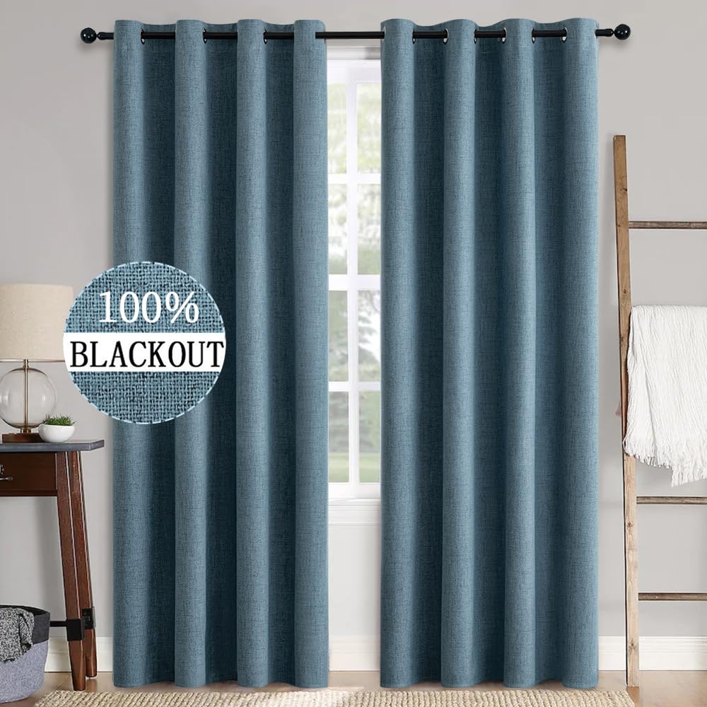 MIULEE Linen Texture Curtains for Bedroom Solid 100% Blackout Thermal Insulated Dusty Blue Curtains Grommet Room Darkening Drapes Luxury Decor for Living Room Nursery 52x84 Inch (2 Panels)