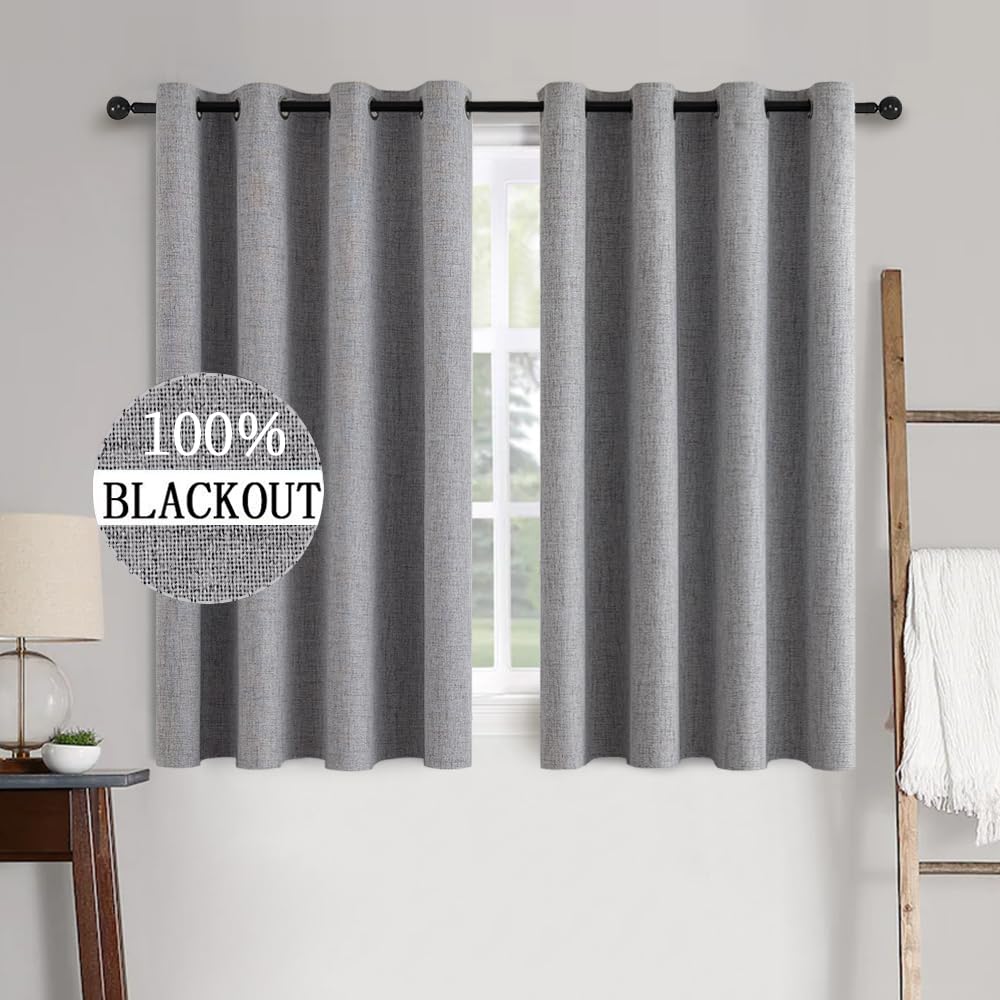 MIULEE Linen Texture Curtains for Bedroom Solid 100% Blackout Thermal Insulated Dusty Blue Curtains Grommet Room Darkening Drapes Luxury Decor for Living Room Nursery 52x84 Inch (2 Panels)