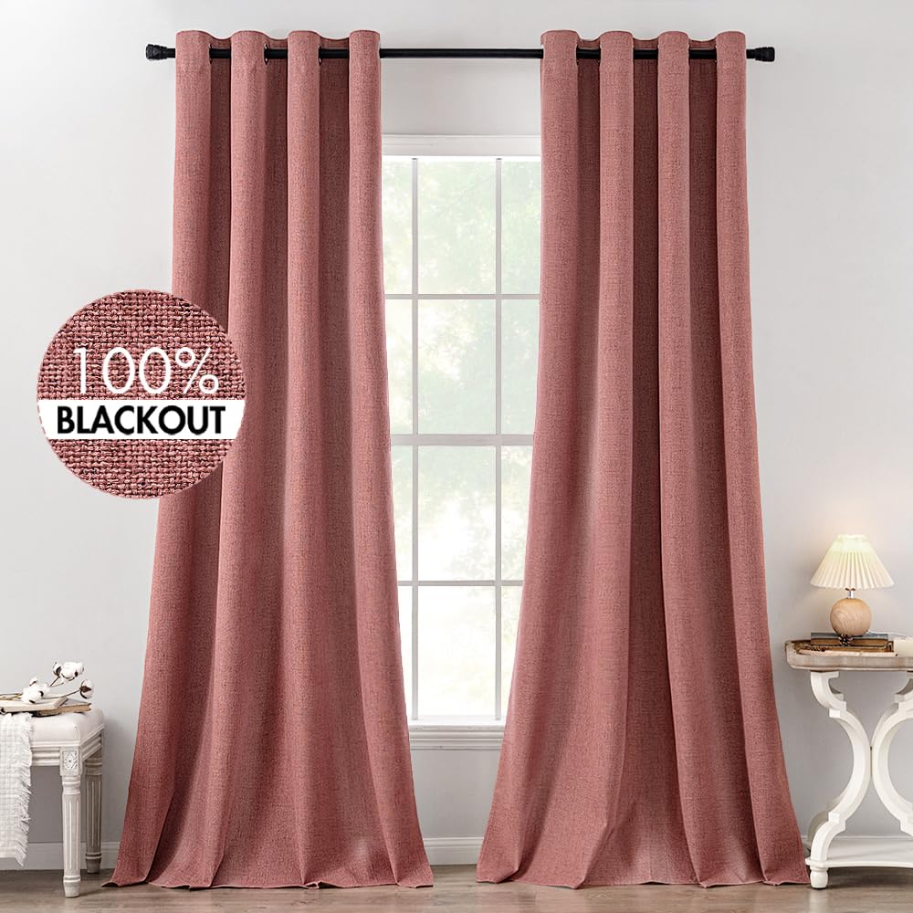 MIULEE 100% Blackout Linen Textured Curtains for Bedroom Solid Thermal Insulated Natural Beige Grommet Room Darkening Curtains & Drapes Luxury Decor for Living Room Nursery 52 x 96 Inch (2 Panels)