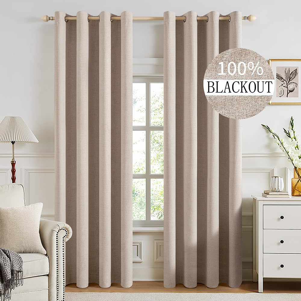 MIULEE Linen Texture Curtains for Bedroom Solid 100% Blackout Thermal Insulated Dusty Blue Curtains Grommet Room Darkening Drapes Luxury Decor for Living Room Nursery 52x84 Inch (2 Panels)