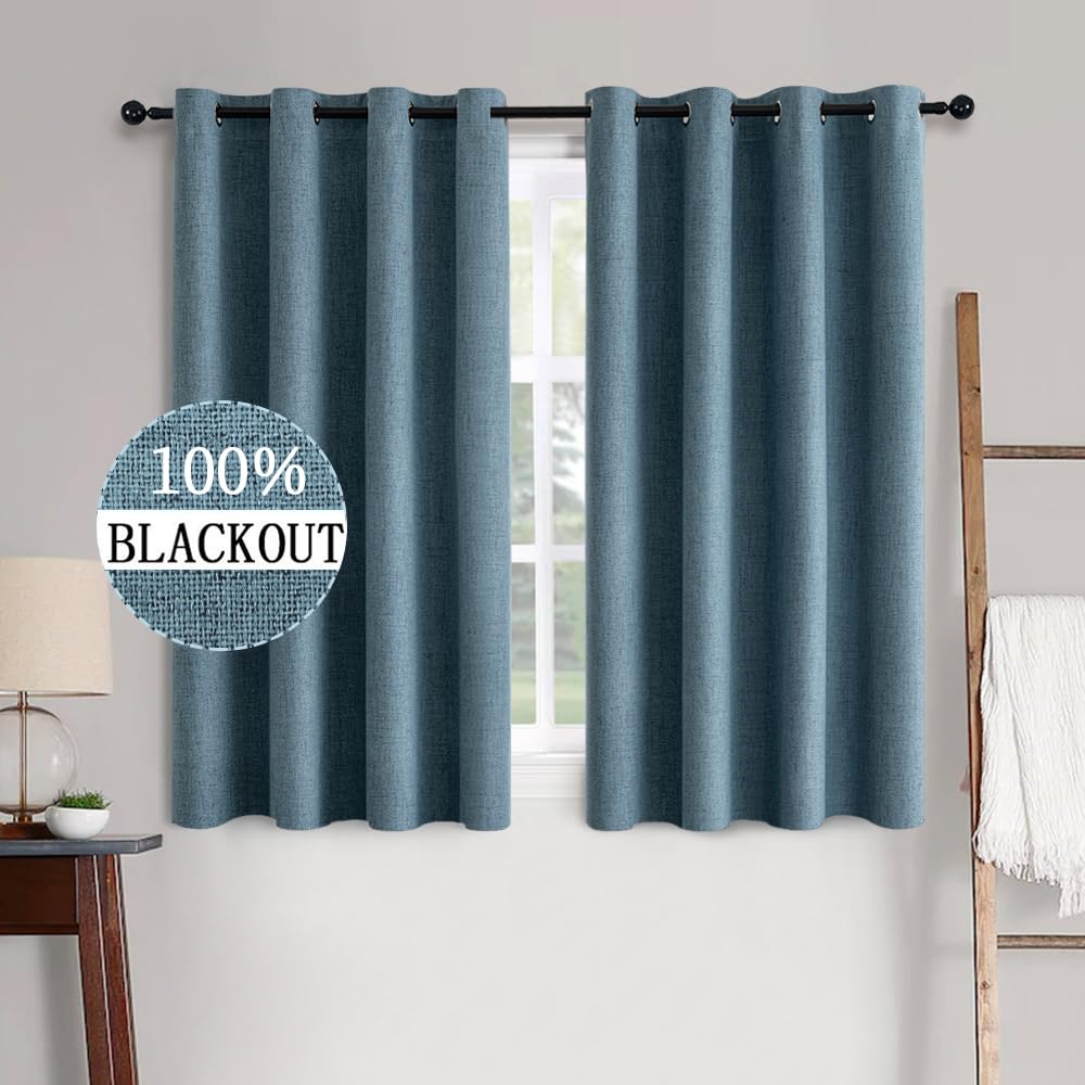 MIULEE Linen Texture Curtains for Bedroom Solid 100% Blackout Thermal Insulated Dusty Blue Curtains Grommet Room Darkening Drapes Luxury Decor for Living Room Nursery 52x84 Inch (2 Panels)