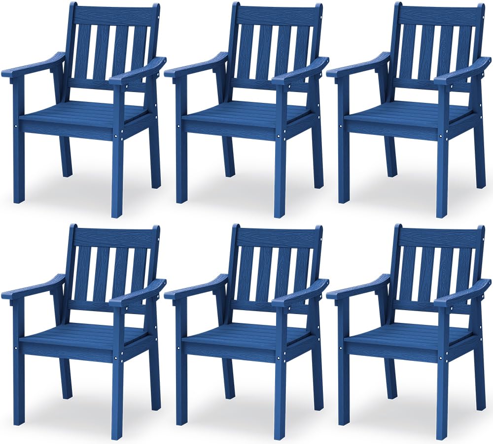 YEFU HIPS Patio Table Set: 7 Piece Outdoor Table and Chairs Dining Furniture Set with Umbrella Hole - Teak Modern Plastic Dining Sets 6 Person for Outside Deck with Metal Aluminum Frame