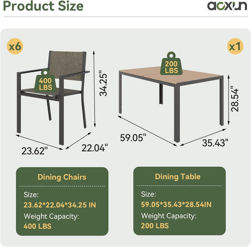 Aoxun 7-Piece Patio Table and Chairs Set for 6, All Weather Outdoor Dining Set with 6 Textilene Chairs and 1 Rectangular Metal Table, Patio Dining Sets for Backyard, Garden and Poolside, Brown