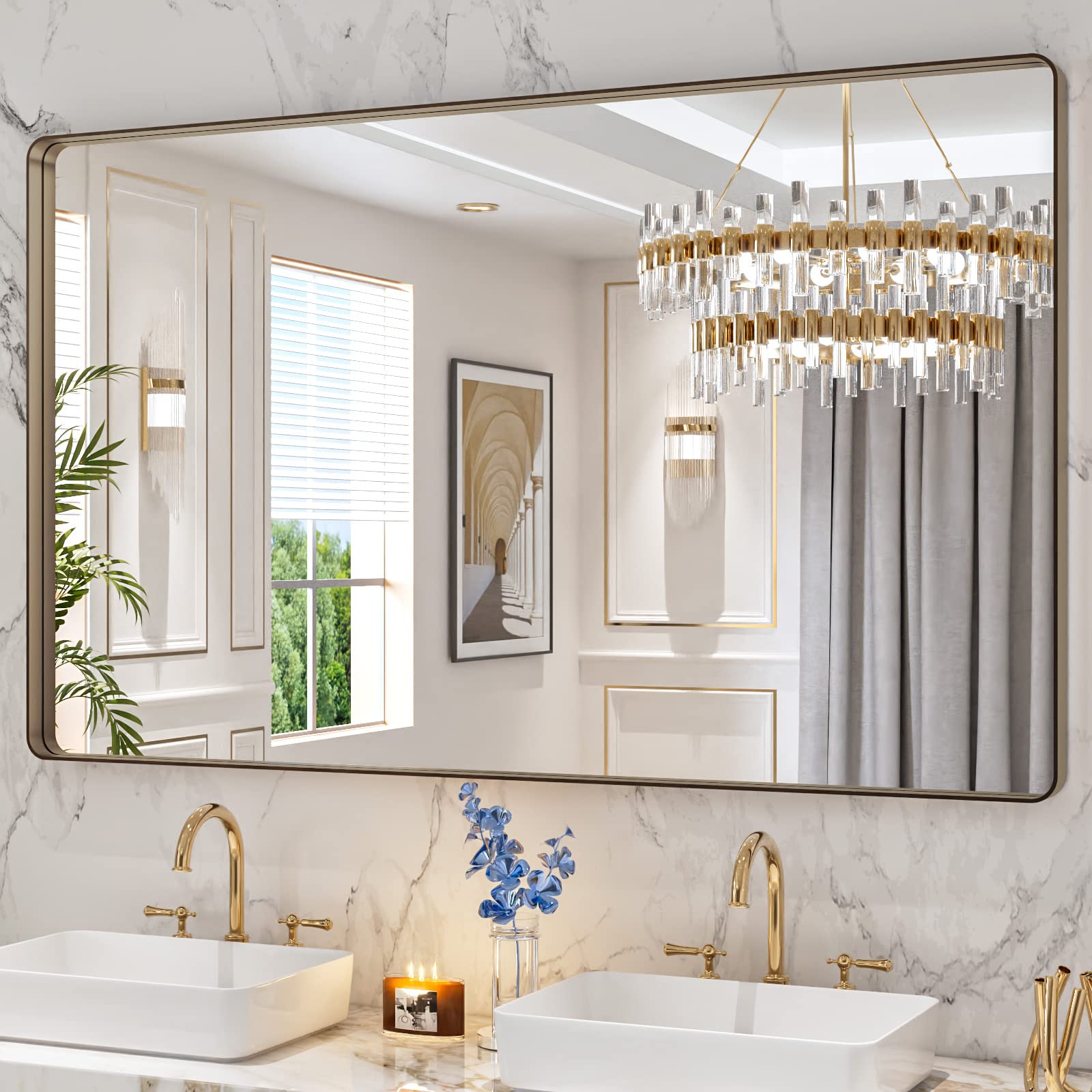 LOAAO Black Metal Framed Bathroom Mirror for Wall, 22X30 Inch Rounded Rectangle Mirror, Matte Black Bathroom Vanity Mirror Farmhouse, Anti-Rust, Hangs Horizontally or Vertically