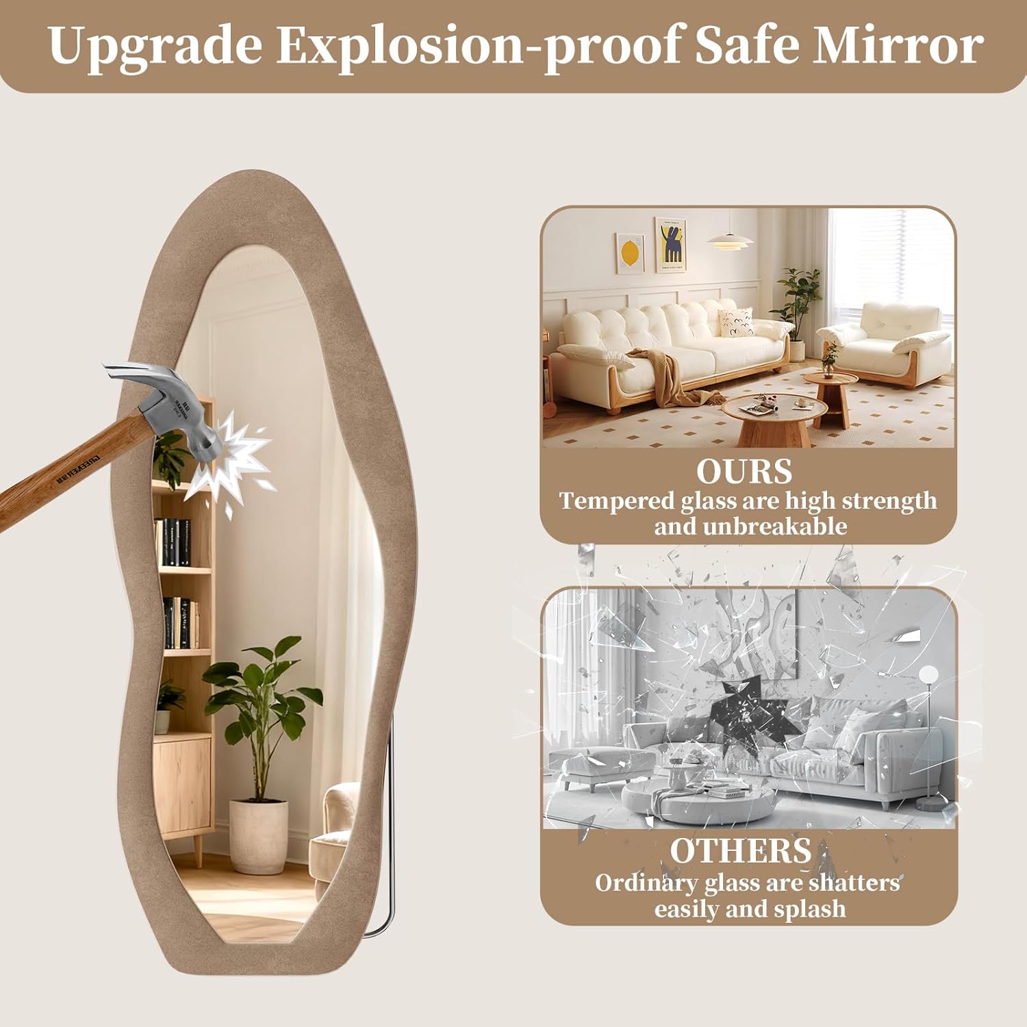 Irregular Full Length Mirror, 63"x24" Flannel Full Body Mirrors, Velvet Floor Mirrors with Stand, Irregular Wavy Mirror Hanging or Leaning Against Wall for Bedroom Living Room, Brown
