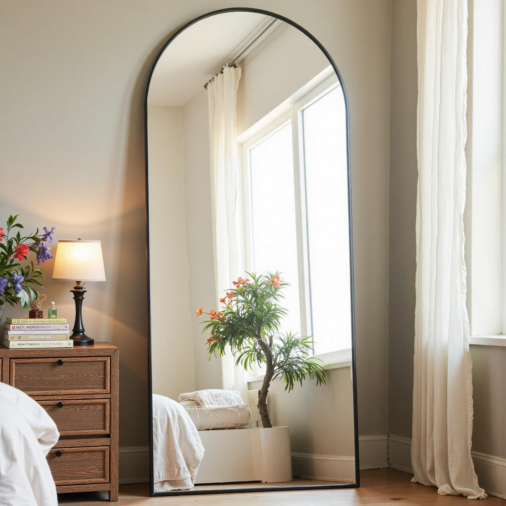 Dewfig Arched Full Length Mirror, 76"x34" Large Floor Mirror, Full Body Mirrors for Leaning or Hanging, Standing Mirrors for Bedroom, Living Room,Dressing Room, Aluminum Alloy Frame, Black