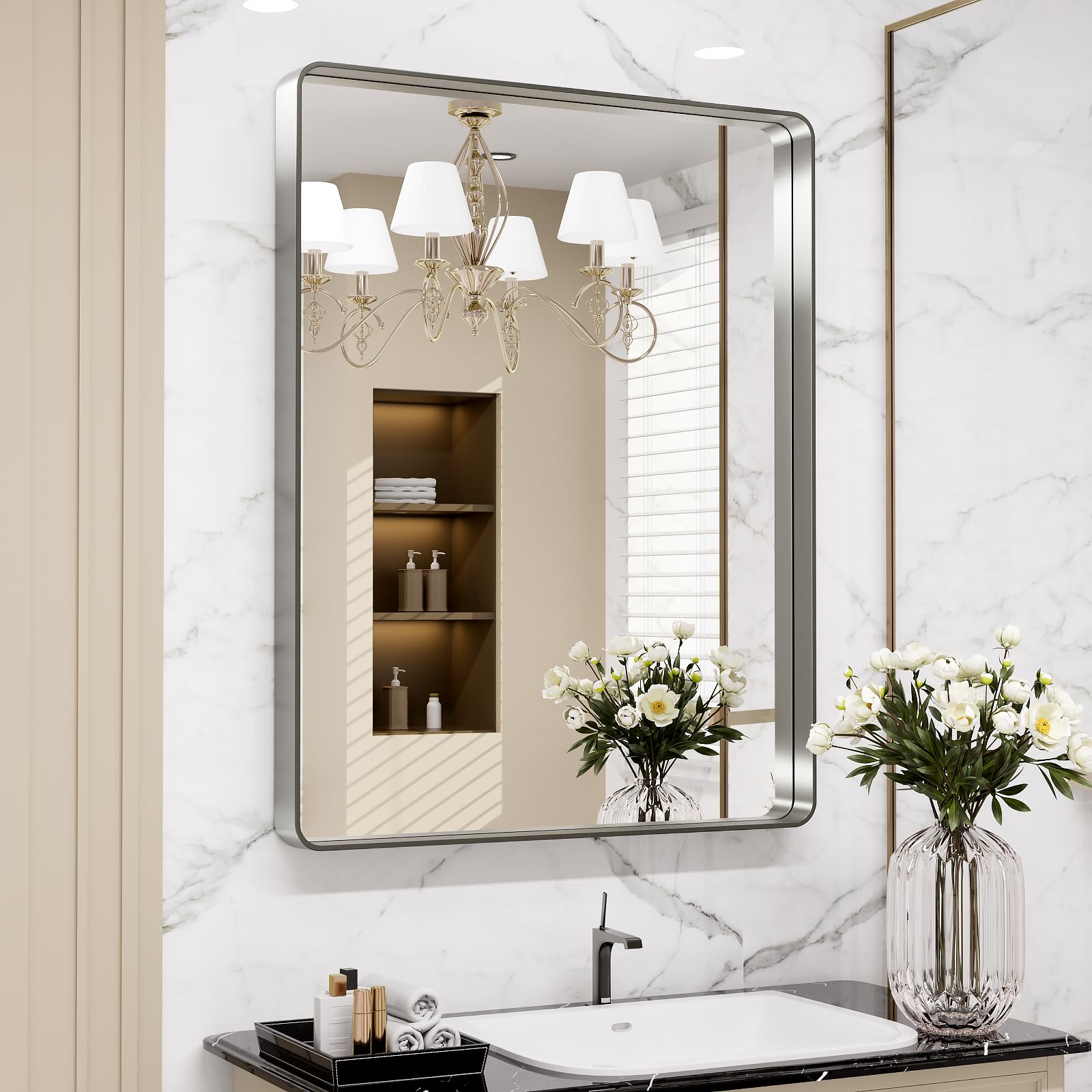 LOAAO Black Metal Framed Bathroom Mirror for Wall, 22X30 Inch Rounded Rectangle Mirror, Matte Black Bathroom Vanity Mirror Farmhouse, Anti-Rust, Hangs Horizontally or Vertically