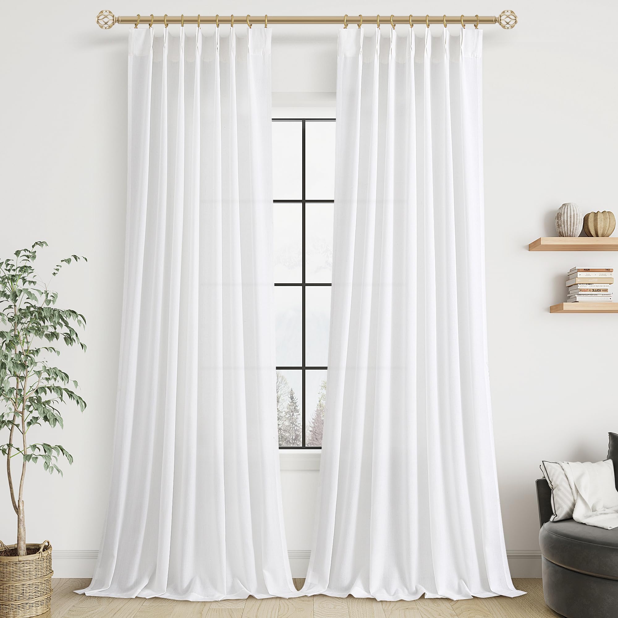 Extra Long Linen Curtains 108 Inch for Living Room Cream Pinch Pleated 9 FT Drapes Semi Sheer Ceiling to Floor Curtain for Bedroom Back Tab Flax Neutral Boho Decor Window, Natural Beige Ivory 2 Panels