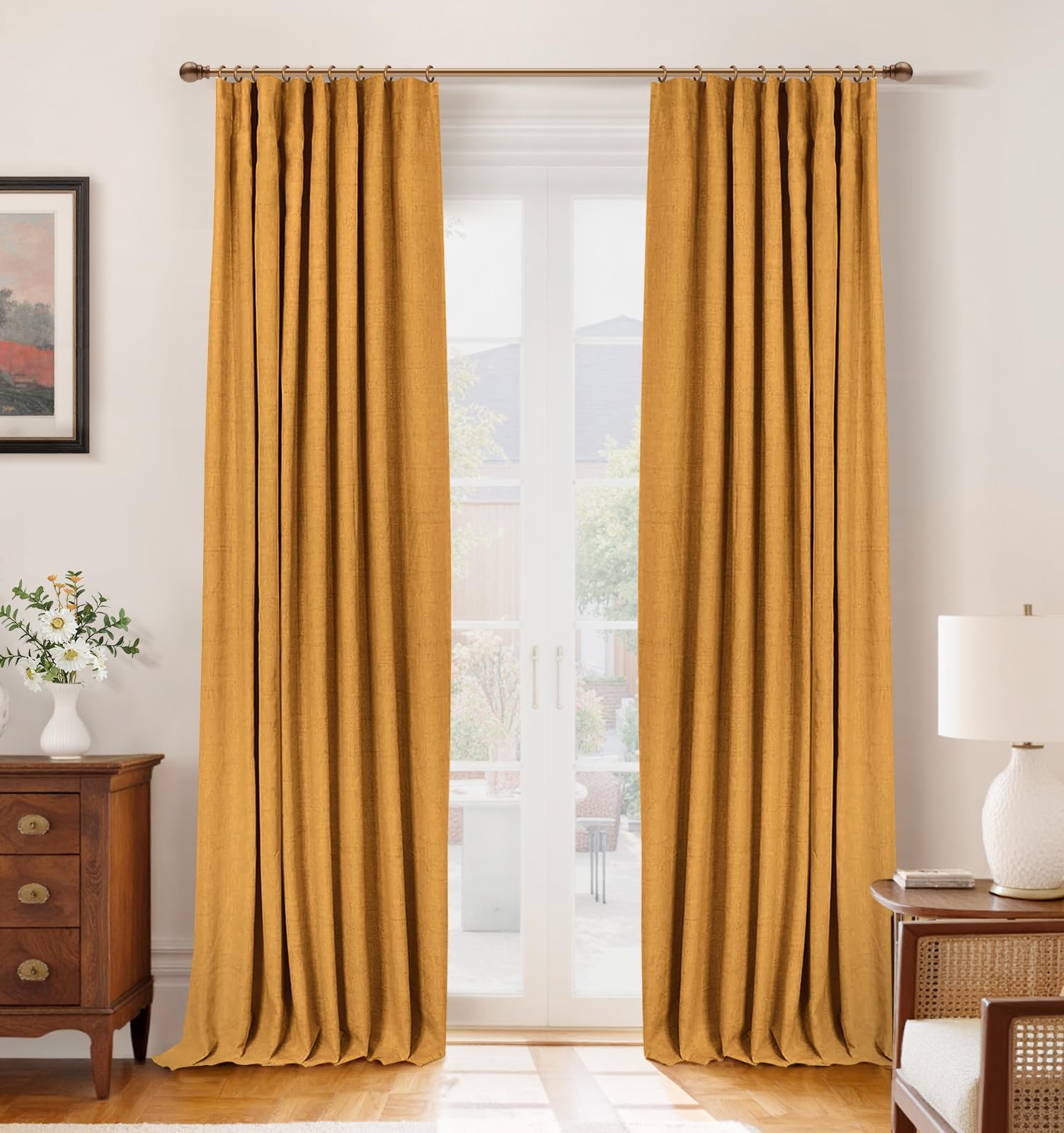 INOVADAY 100% Blackout Curtains for Bedroom, Black Out Curtains 84 Inch Long, Clip Rings Linen Blackout Drapes, Thermal Insulated Room Darkening for Living Room, 2 Panels - Beige,W50xL84