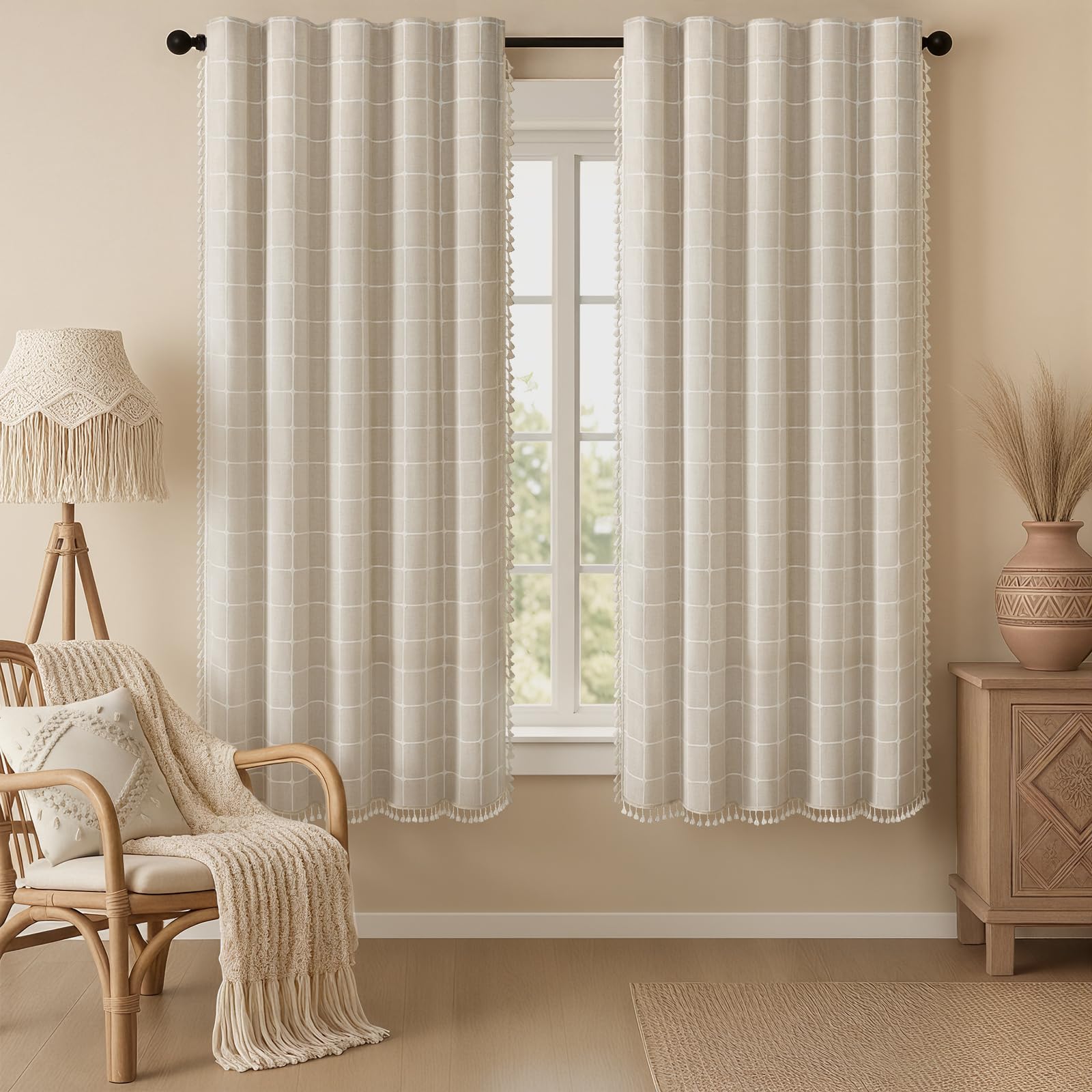 Boho Blackout Curtains 2 Panels 84 Inch for Living Room Bedroom, Beige Linen Texture Farmhouse Curtains with Tassels and Cotton Embroidery Vintage Rustic Western Rod Pocket