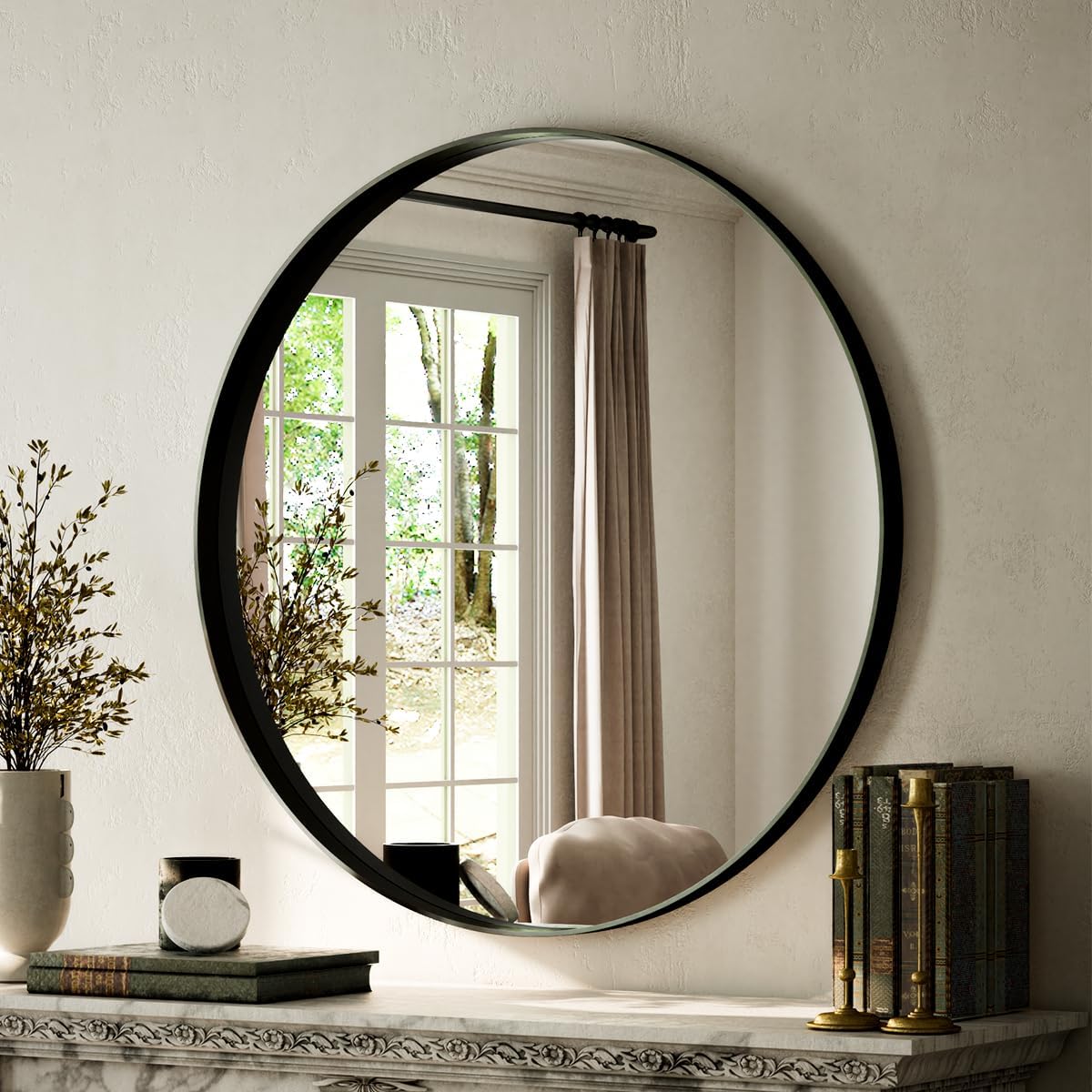 VooBang Bathroom Mirror 24x32 inch, Black Gorgeous Deep Frame Wall Mirror, Modern Round Corner Bathroom Vanity Mirror for Bedroom, Living Room, Hanging or Leaning Horizontal or Vertical, Black