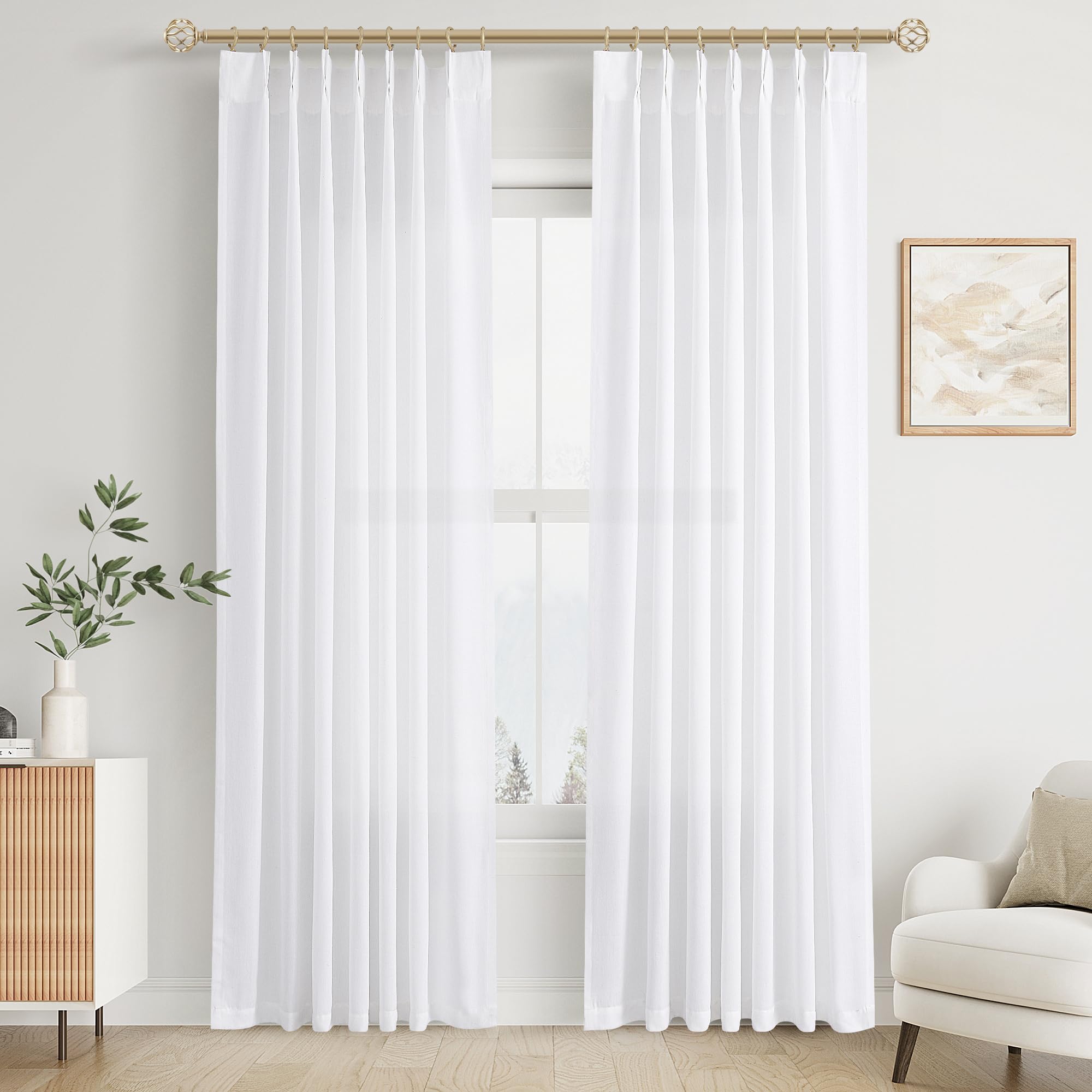 Extra Long Linen Curtains 108 Inch for Living Room Cream Pinch Pleated 9 FT Drapes Semi Sheer Ceiling to Floor Curtain for Bedroom Back Tab Flax Neutral Boho Decor Window, Natural Beige Ivory 2 Panels