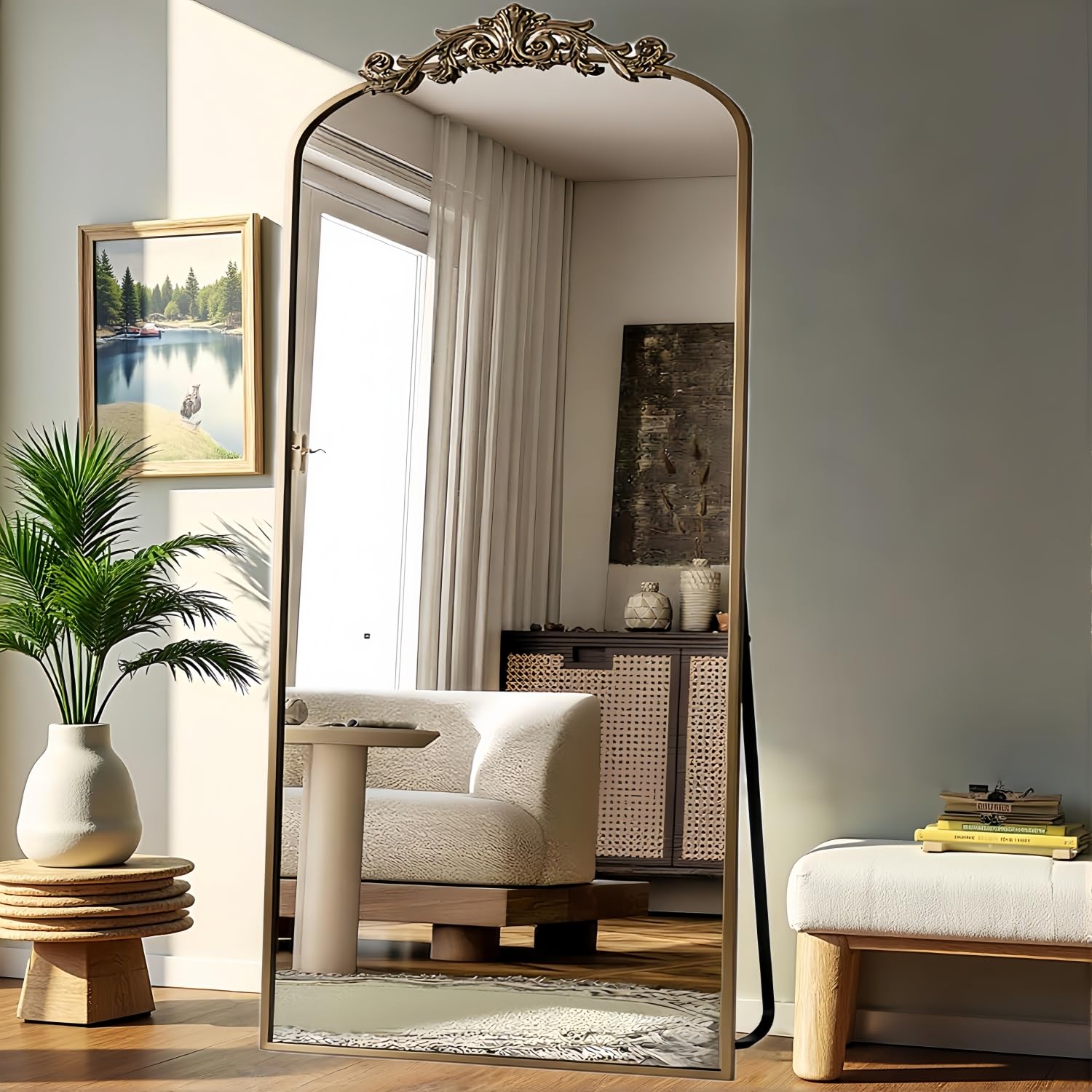 Dewfig Arched Full Length Mirror, 76"x34" Large Floor Mirror, Full Body Mirrors for Leaning or Hanging, Standing Mirrors for Bedroom, Living Room,Dressing Room, Aluminum Alloy Frame, Black