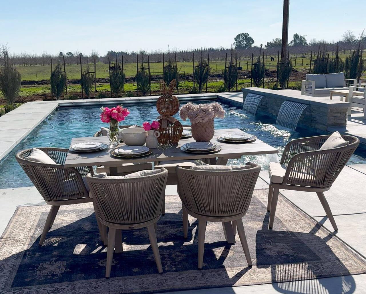 PURPLE LEAF 9 Pieces Patio Dining Set Wicker Outdoor Furniture Rectangular Table and Chairs Set for Garden Deck Teak-Finish Aluminum Frame Backyard Kitchen Set, Cushions and Pillows Included