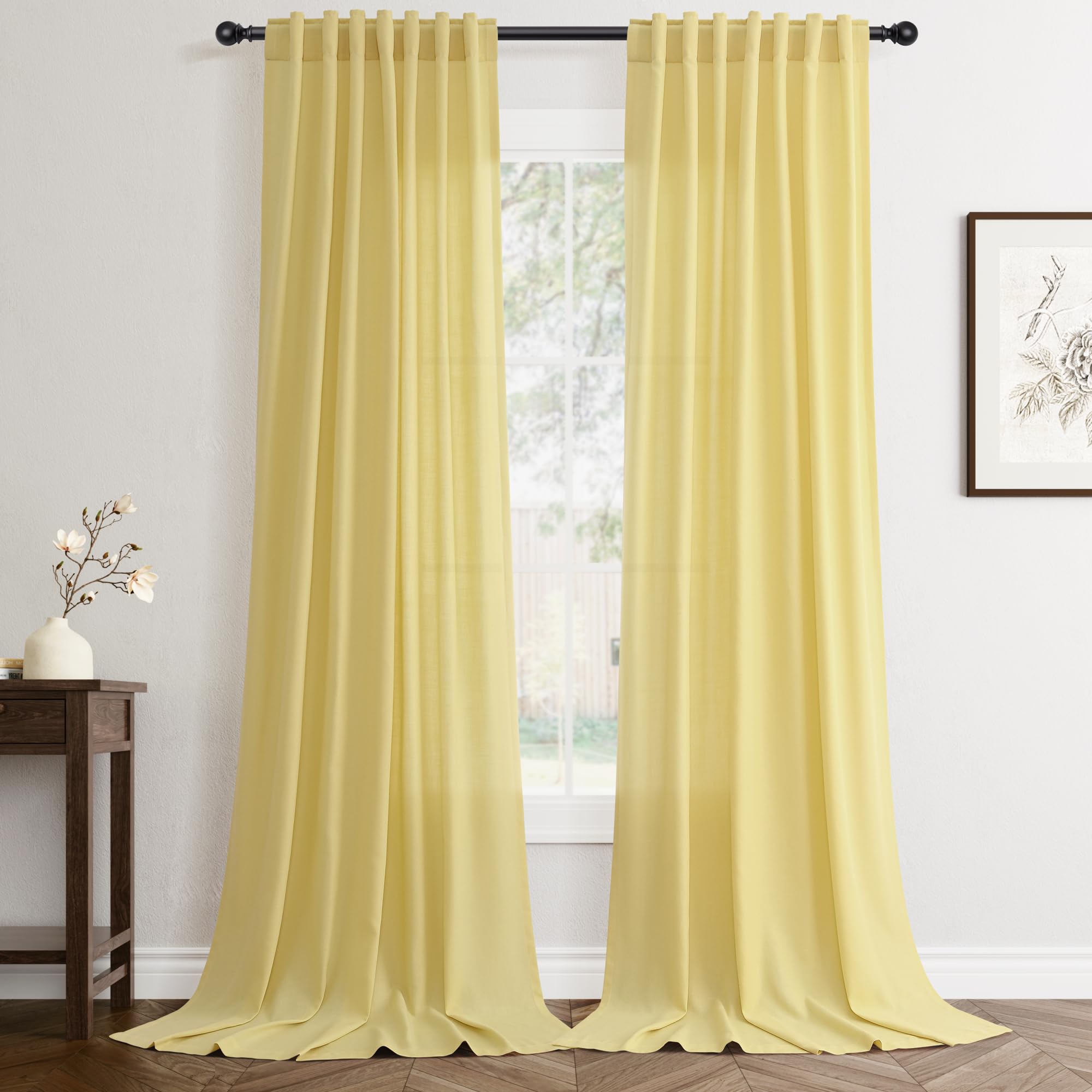 Flax Linen Beige Curtains 96 inches Long 2 Panel for Living Room Back Tab Pocket Drapes Semi Sheer Privacy Khaki Window Curtain Country Rustic Farmhouse Cloth Curtain for Dinning Room Tan