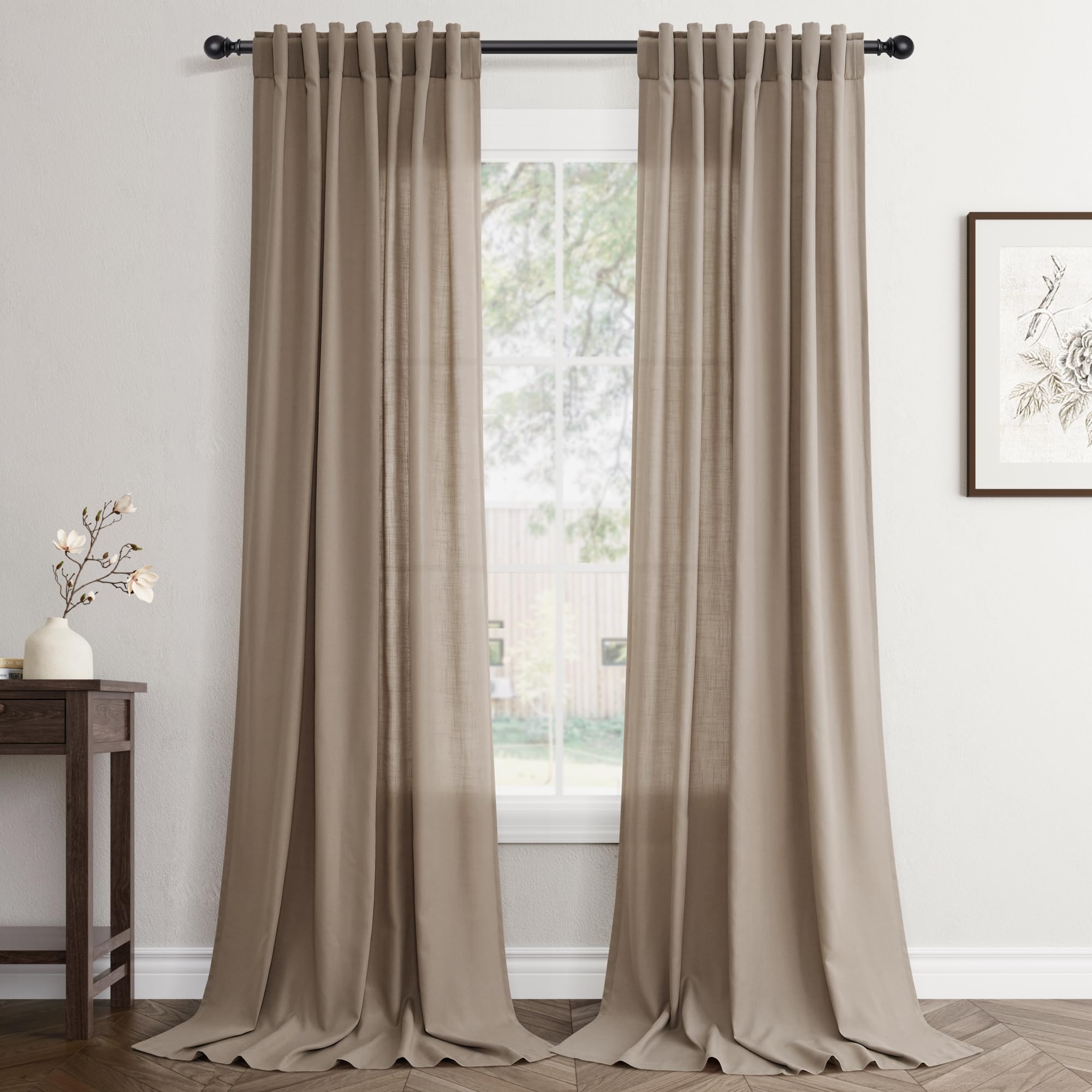 Flax Linen Beige Curtains 96 inches Long 2 Panel for Living Room Back Tab Pocket Drapes Semi Sheer Privacy Khaki Window Curtain Country Rustic Farmhouse Cloth Curtain for Dinning Room Tan