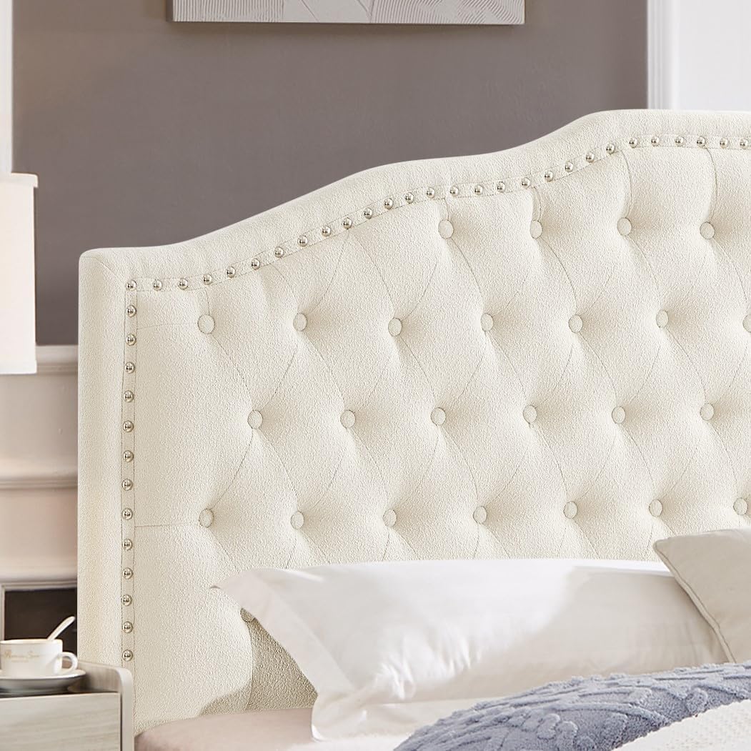 24KF Upholstered Button Tufted Queen Headboard with Nailhead Trim, Elegant Boucle Fabric Full headboard, 6031-Q-Boucle-Ivory