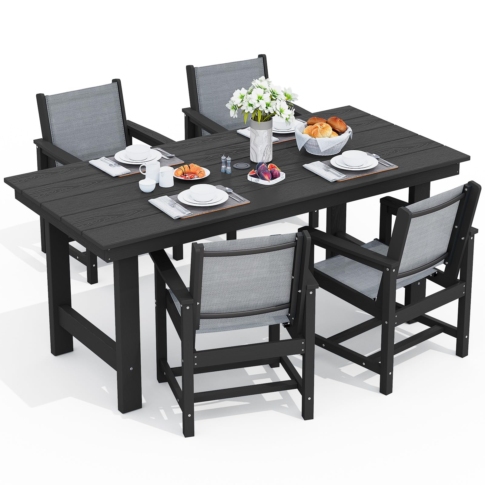 SERWALL 7-Piece Patio Dining Table Sets, Outdoor HDPE Dining Furniture Set with Umbrella Hole Cut-Out Table and 6 Chairs, Blue