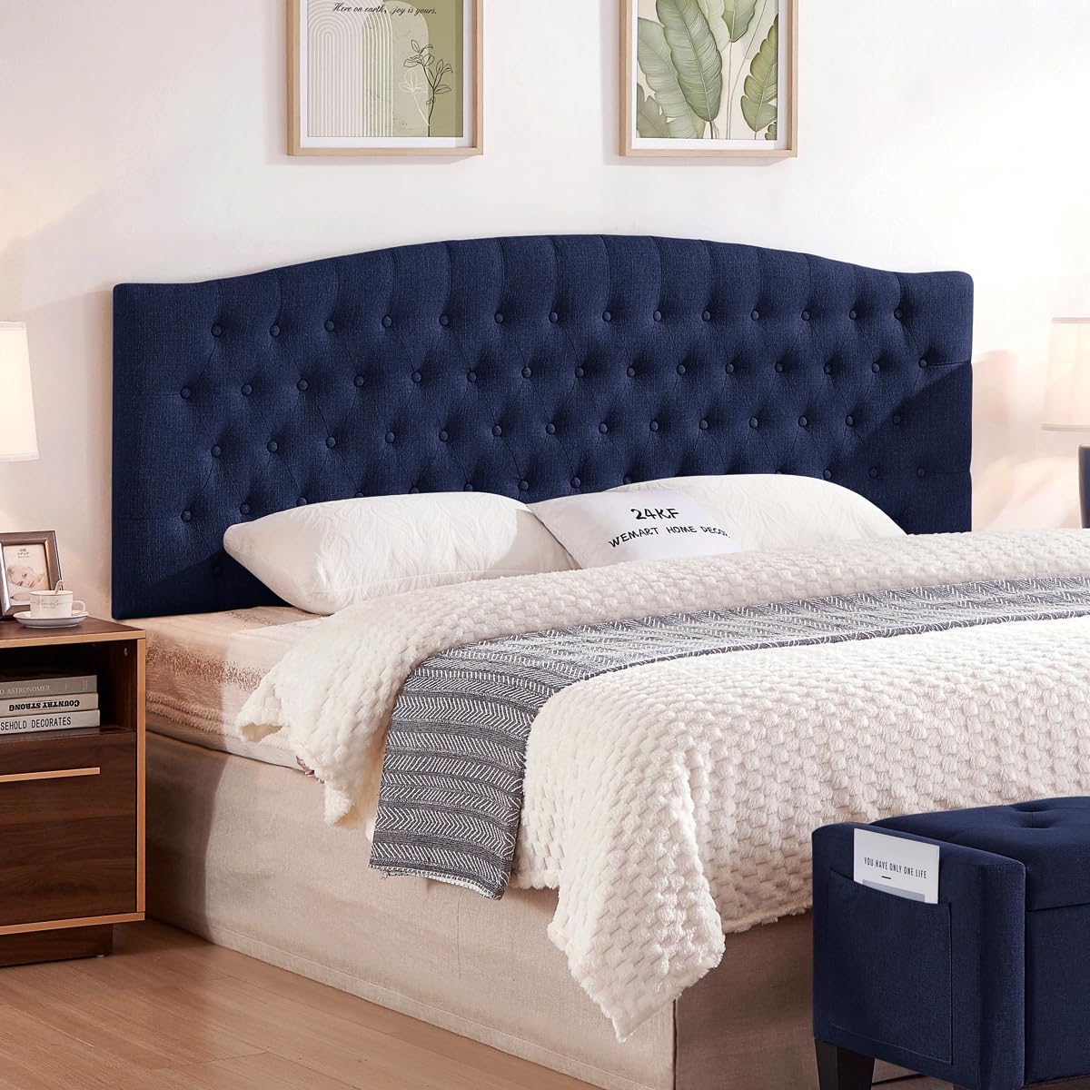 24KF Upholstered Tufted Button Linen Fabric Headboard,Comfortable Fashional Headboard Queen/Full Size,Ivory