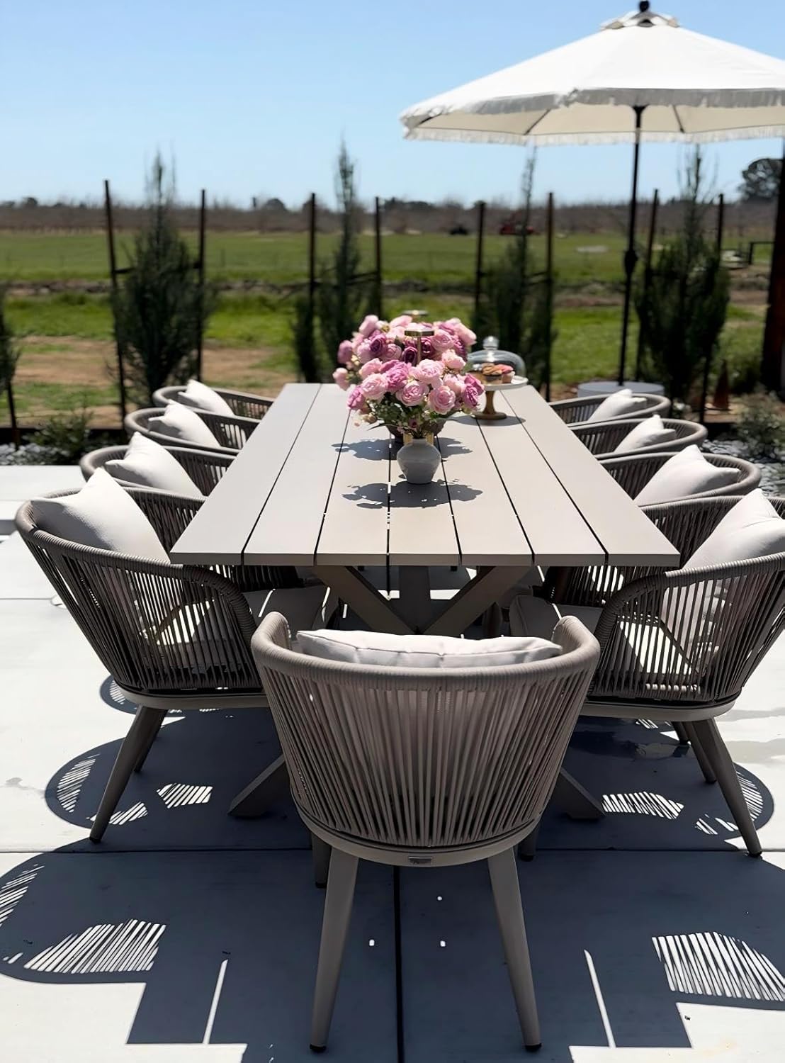 PURPLE LEAF 9 Pieces Patio Dining Set Wicker Outdoor Furniture Rectangular Table and Chairs Set for Garden Deck Teak-Finish Aluminum Frame Backyard Kitchen Set, Cushions and Pillows Included