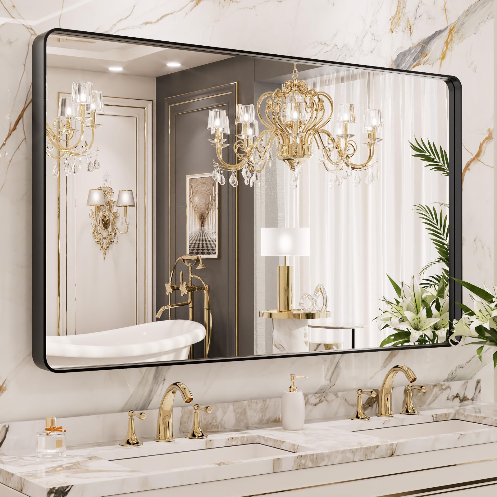 LOAAO Black Metal Framed Bathroom Mirror for Wall, 22X30 Inch Rounded Rectangle Mirror, Matte Black Bathroom Vanity Mirror Farmhouse, Anti-Rust, Hangs Horizontally or Vertically