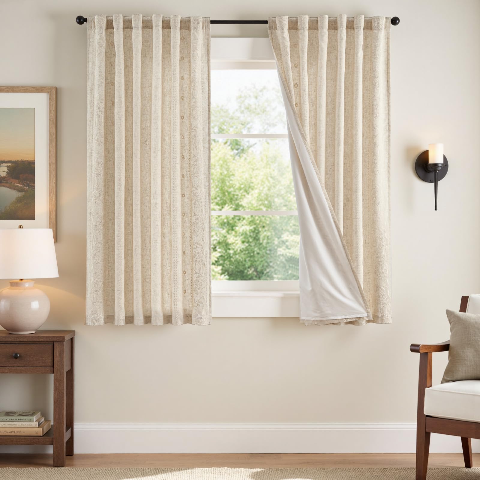jinchan Winslow Linen Curtains for Bedroom 84 Inches Length Embroidered Bordered Floral Curtains for Living Room Farmhouse Decor Light Filtering Window Treatments Ivory on Beige Drapes 2 Panels