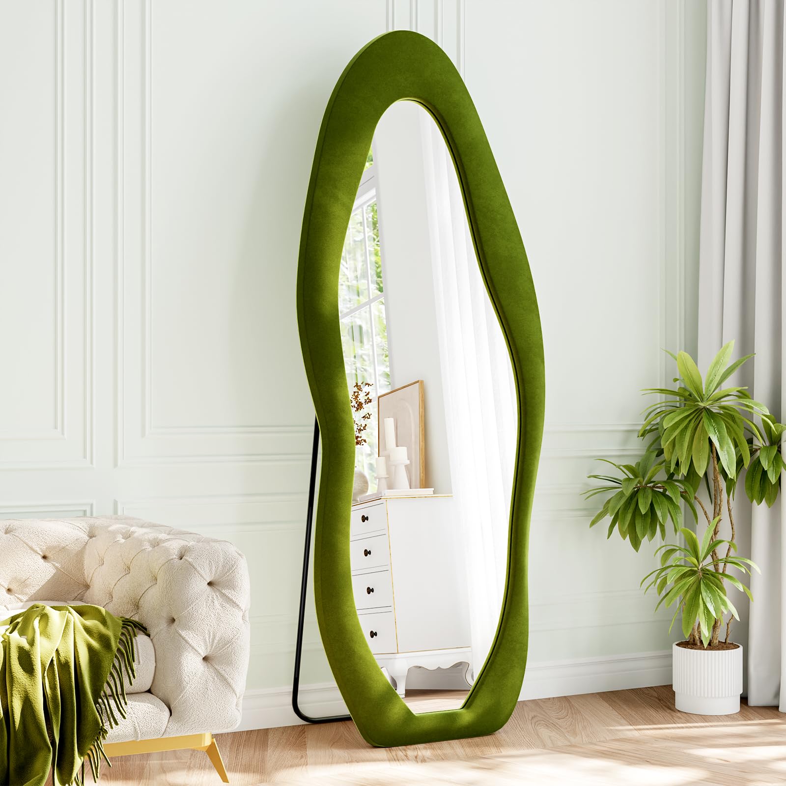 Irregular Full Length Mirror, 63"x24" Flannel Full Body Mirrors, Velvet Floor Mirrors with Stand, Irregular Wavy Mirror Hanging or Leaning Against Wall for Bedroom Living Room, Brown