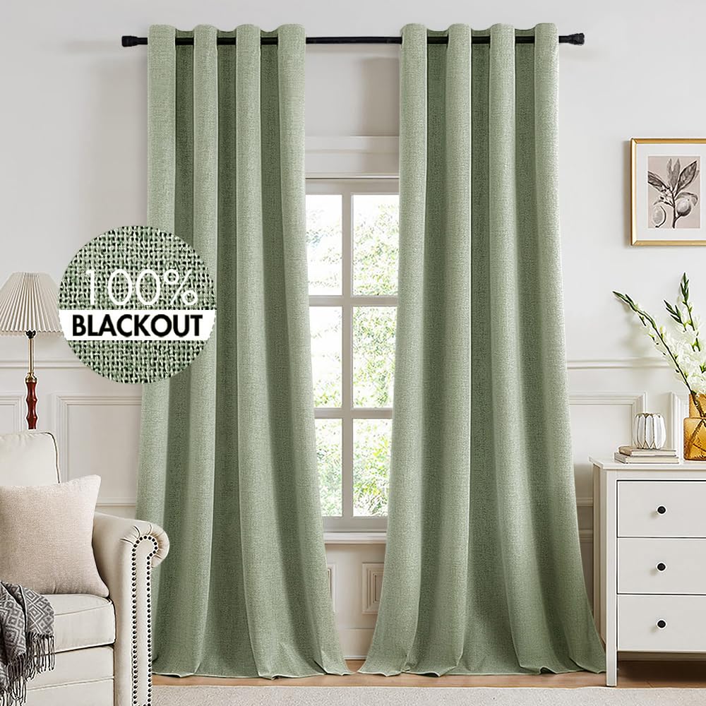 MIULEE 100% Blackout Linen Textured Curtains for Bedroom Solid Thermal Insulated Natural Beige Grommet Room Darkening Curtains & Drapes Luxury Decor for Living Room Nursery 52 x 96 Inch (2 Panels)