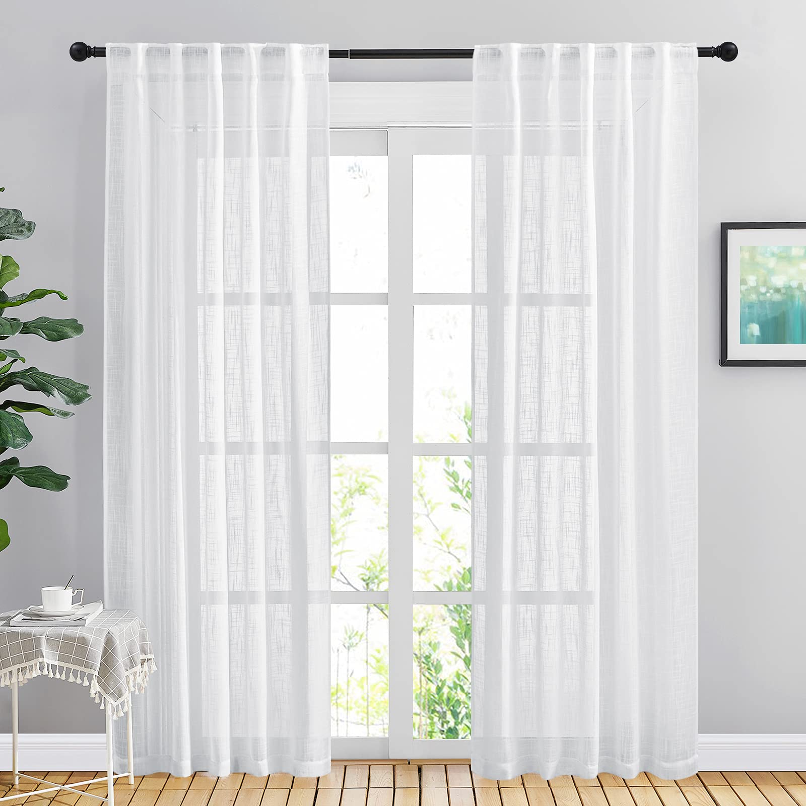 NICETOWN 120 inch Curtains Linen Blend for Bedroom, Rod Pocket & Back Tab Natural Linen Burlap Semi Sheer Window Treatments Privacy with Light Filtering for Living Room, W52 x L120, 2 Panels