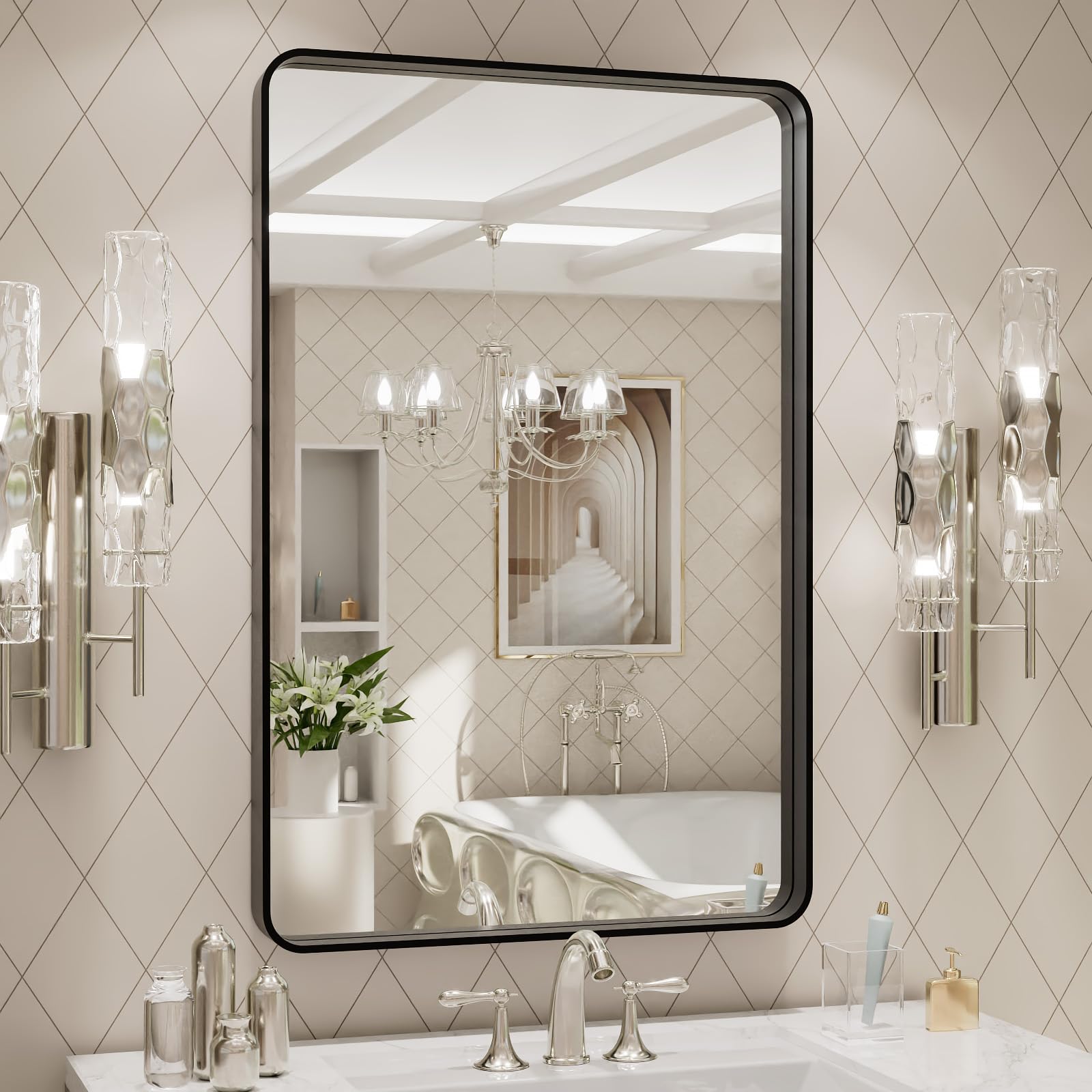 LOAAO Black Metal Framed Bathroom Mirror for Wall, 22X30 Inch Rounded Rectangle Mirror, Matte Black Bathroom Vanity Mirror Farmhouse, Anti-Rust, Hangs Horizontally or Vertically