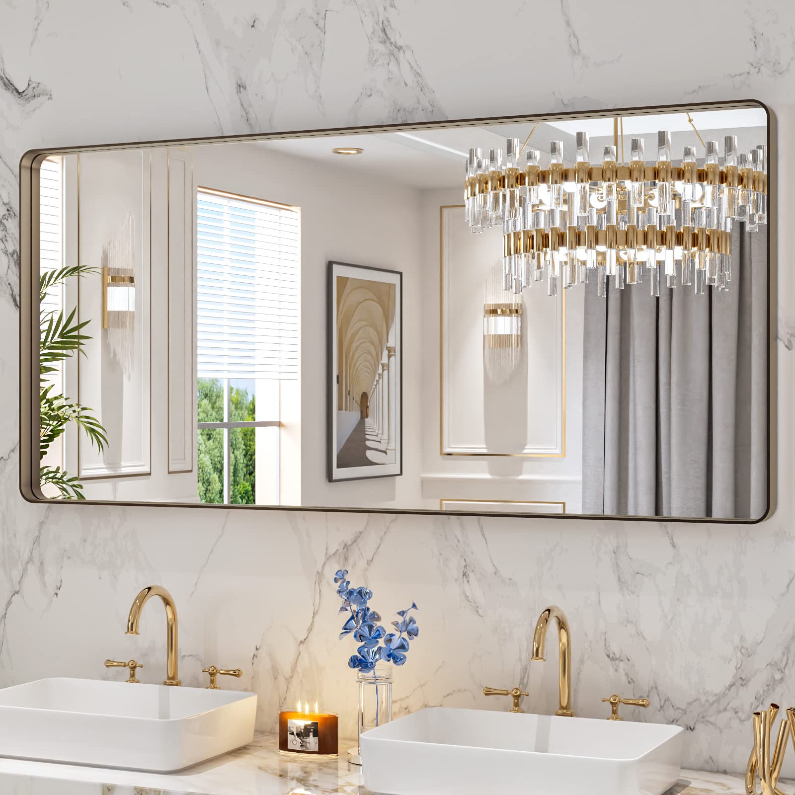 LOAAO Black Metal Framed Bathroom Mirror for Wall, 22X30 Inch Rounded Rectangle Mirror, Matte Black Bathroom Vanity Mirror Farmhouse, Anti-Rust, Hangs Horizontally or Vertically