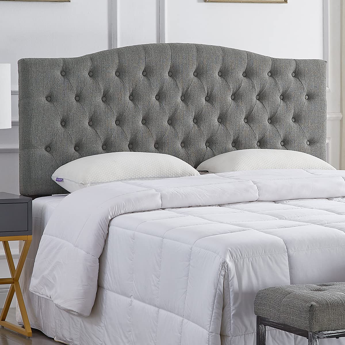 24KF Upholstered Tufted Button Linen Fabric Headboard,Comfortable Fashional Headboard Queen/Full Size,Ivory
