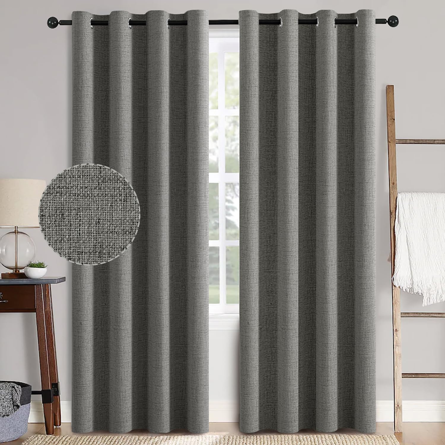 MIULEE Linen Texture Curtains for Bedroom Solid 100% Blackout Thermal Insulated Dusty Blue Curtains Grommet Room Darkening Drapes Luxury Decor for Living Room Nursery 52x84 Inch (2 Panels)