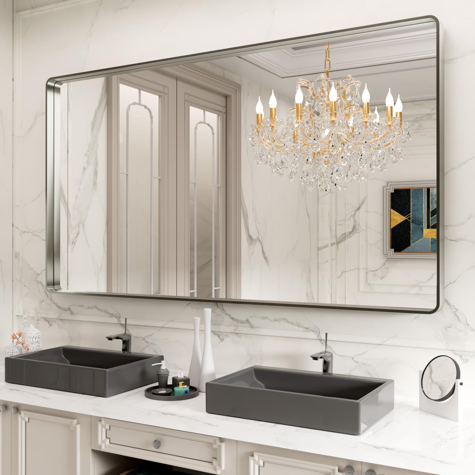 LOAAO Black Metal Framed Bathroom Mirror for Wall, 22X30 Inch Rounded Rectangle Mirror, Matte Black Bathroom Vanity Mirror Farmhouse, Anti-Rust, Hangs Horizontally or Vertically