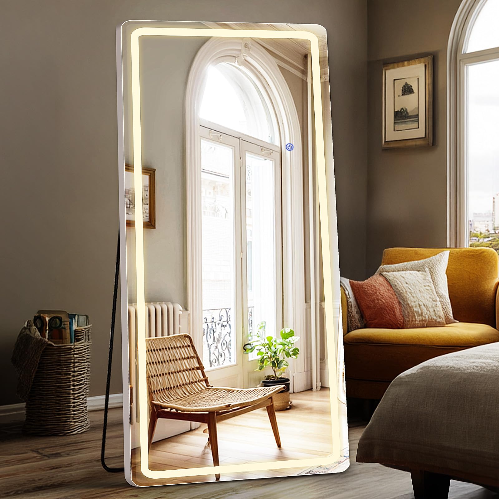 DUMOS Arched LED Mirror Full Length with Stand, 16"x60" Full Body Wall Mirror with LED Lights 3 Color Lighting, Hanging or Leaning, Floor Standing, Modern Simple Home Wall Decor