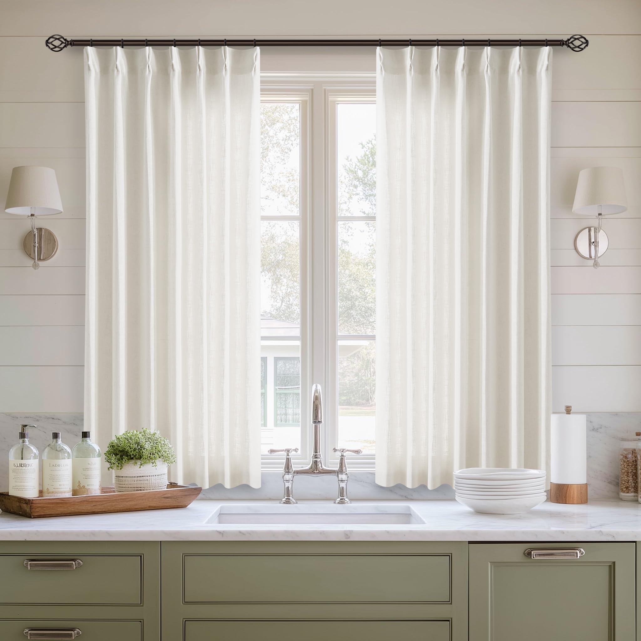 Pinch Pleated Linen Curtains 108 Inches Long for Living Room 2 Panels Set Cream Ivory Flax Double Pleated Drapes Back Tab Neutral Boho Ceiling Floor 108 Inch Window Curtains Bedroom Natural Birch