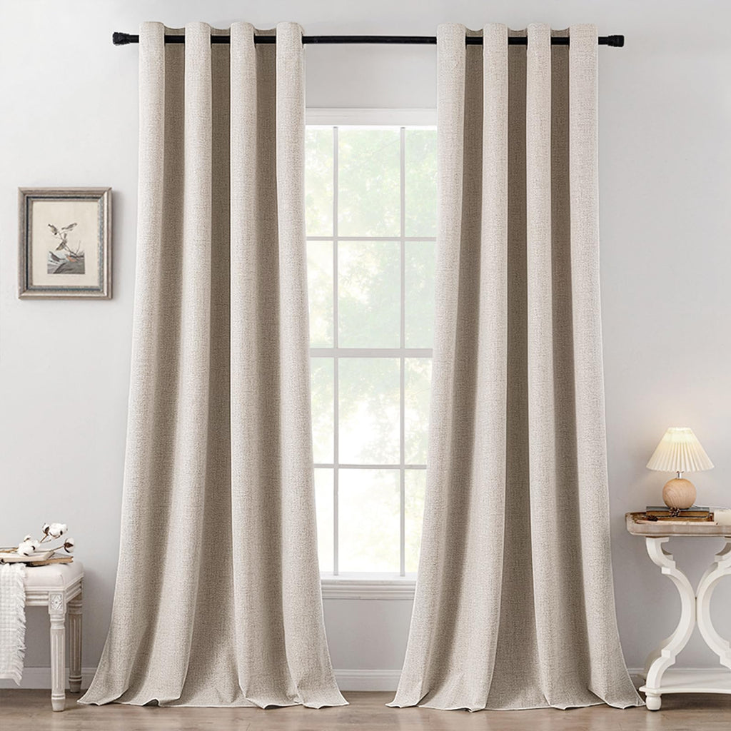 MIULEE 100% Blackout Linen Textured Curtains for Bedroom Solid Thermal Insulated Natural Beige Grommet Room Darkening Curtains & Drapes Luxury Decor for Living Room Nursery 52 x 96 Inch (2 Panels)