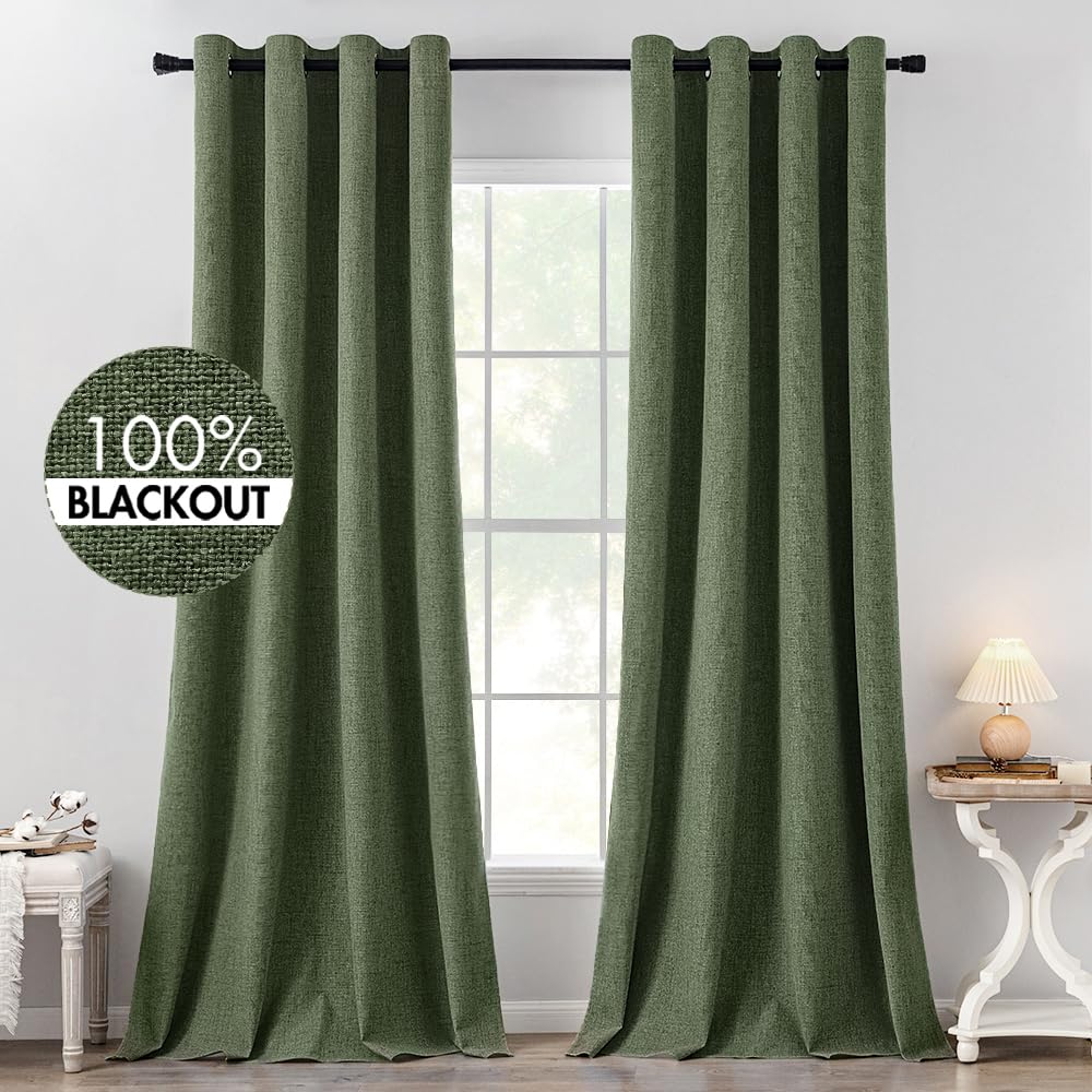 MIULEE 100% Blackout Linen Textured Curtains for Bedroom Solid Thermal Insulated Natural Beige Grommet Room Darkening Curtains & Drapes Luxury Decor for Living Room Nursery 52 x 96 Inch (2 Panels)
