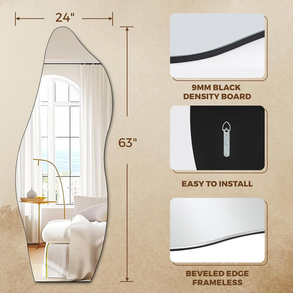 QDSSDECO Full Length Mirror 63"x24" Irregular Wall Mirror Wave Frameless for Living Room Bathroom Bedroom Entryway Decor